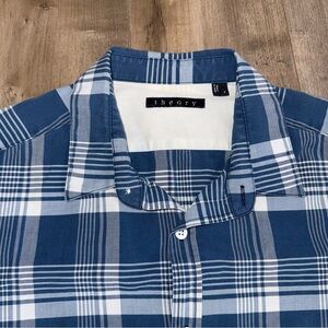 Theory Button Up Long Sleeve Shirt Men Small Blue Check Plaid Business Casual